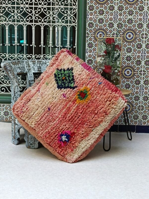 Moroccan vintage pouf, Berber floor cushion, boujaad footrest, 1.96 x 1.96 x 0.65 Feet / 60 x 60 x 20 cm