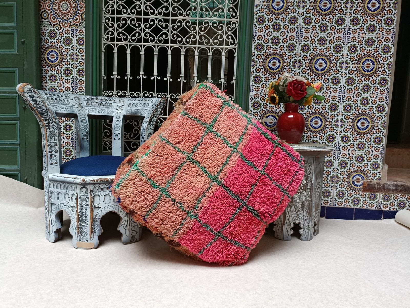IMG_20211119_160909-scaled-1 Vintage Moroccan Kilim Pouf – Pink Ottoman Cushion - Image 1