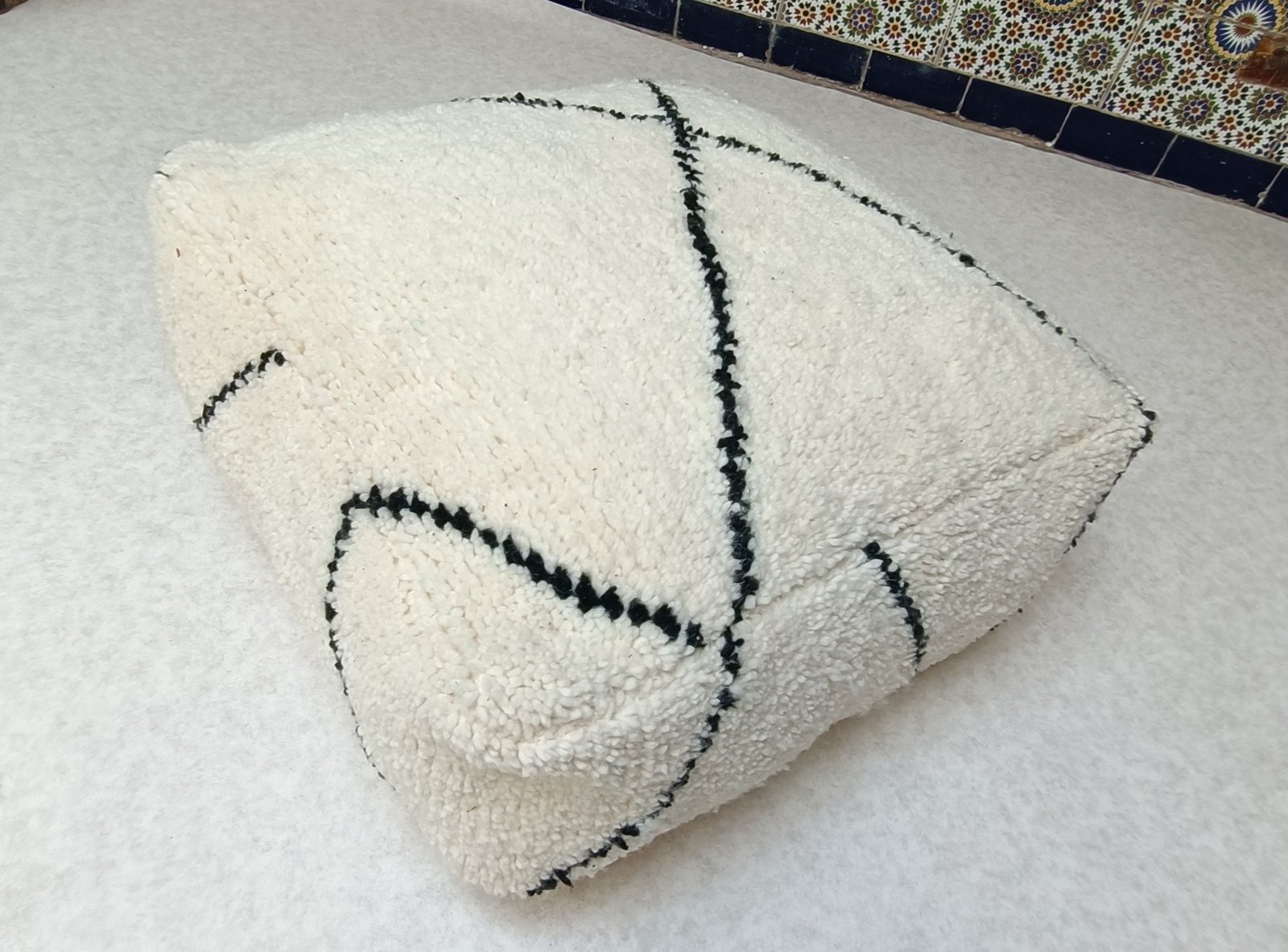 il_fullxfull.3385444071_hky6 vintage Moroccan beni ouarain pouf, white berber cushion, handmade beni ouarain pouf, 100 % wool, 1.96 x 1.96 x 0.65 FT / 60 x 60 x 20 cm - Image 1