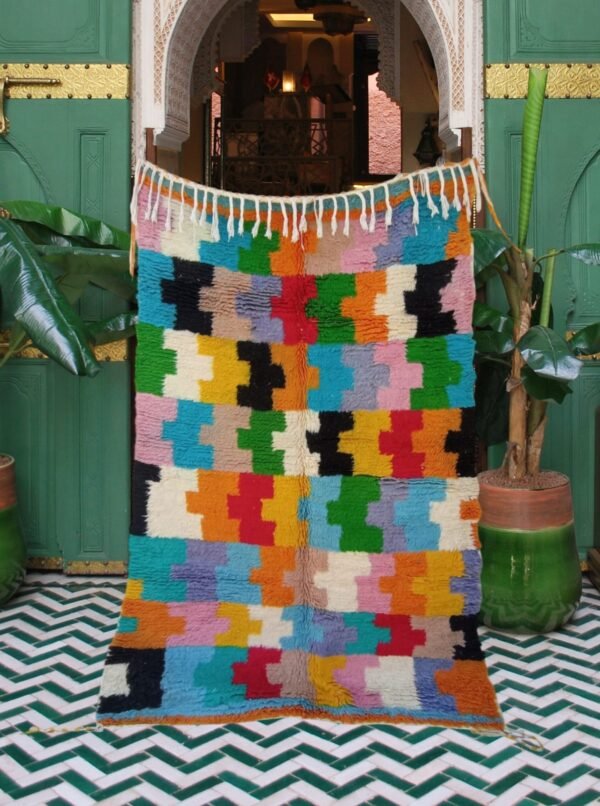 Handmade Azilal Rug – Colorful Pixel Design (227x151cm)